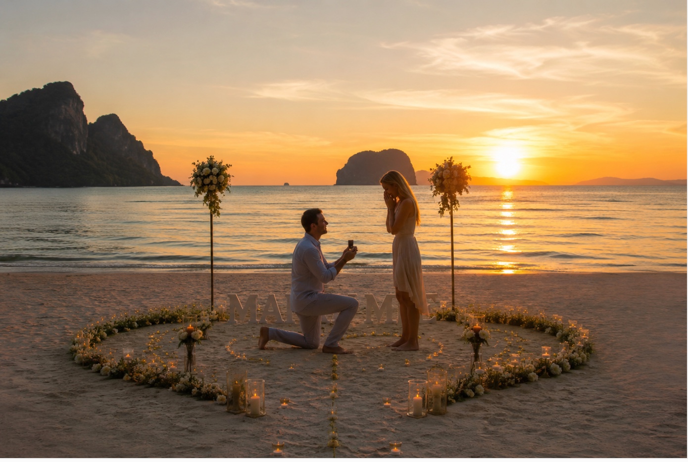 Allestimento romantico a forma di cuore con candele e scritta Marry Me su una spiaggia al tramonto in Thailandia